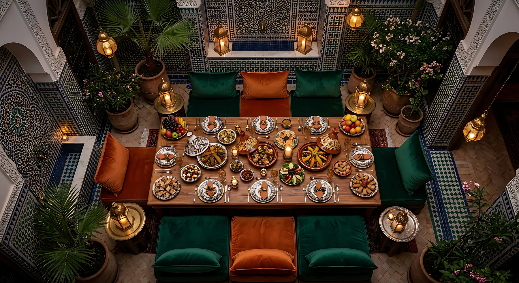 Mesa con platos marroquíes en un patio de riad