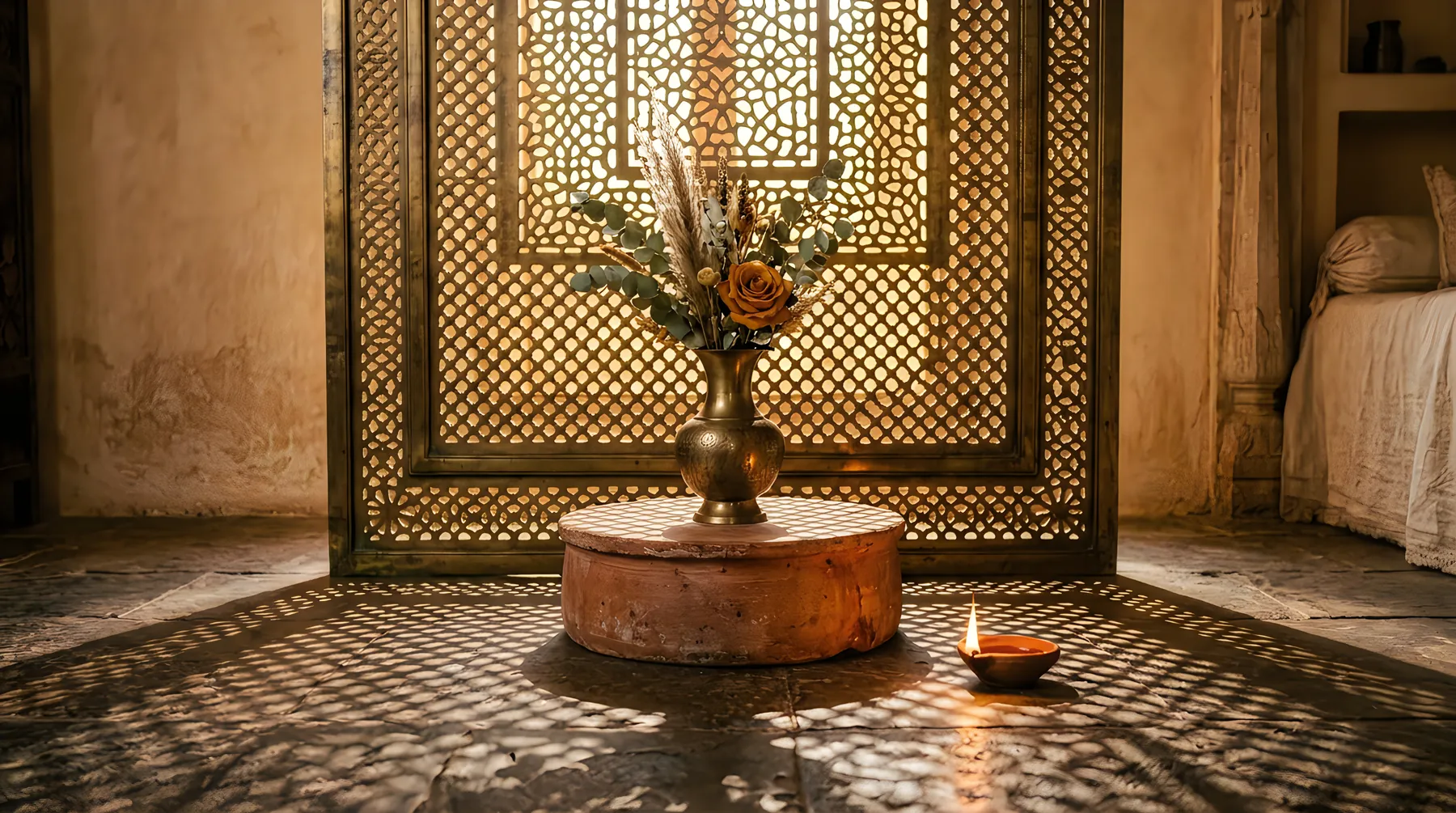 Salón tradicional con celosía y flores en un riad
